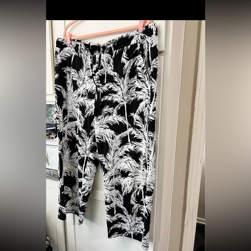 Belle beach Kim Gravel Black and White Palm Tree Print Cabana Pants XL Tall QVC